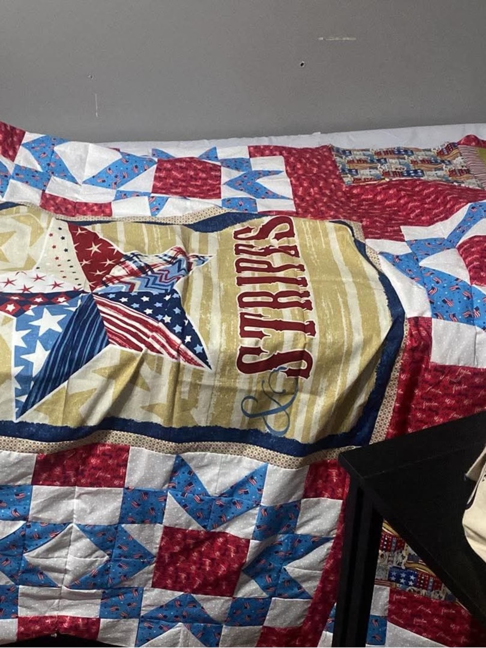 Patriotic Stars & Stripes Quilt - Red, Blue, White, Cream